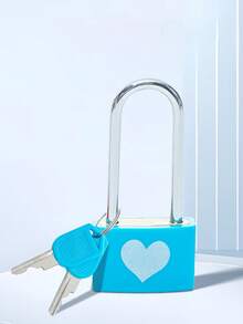 1pc Heart-Shaped Metal Luggage Lock With Long Handle, Colorful Plastic Shell Zinc Alloy Small Lock, Durable Couple Design, Suitable For Student Luggage, Anti-Theft Security - Blue - View 2