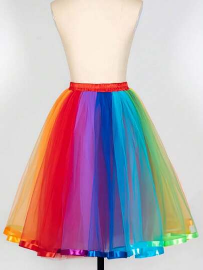 1 peça saia longa flare arco-íris multicolorida feminina de 65 cm, saia longa de tule e malha