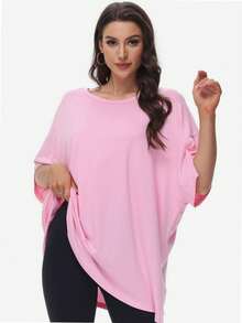 QUEENTI Women's Oversized T Shirt Loose Fit Round Neck Short Sleeve Top Summer Casual Shirt Basic Tee - Hồng - Xem 4