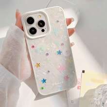 GUCADI 1 件白色贝壳图案彩色小星星 + 星星水晶装饰简约风格全身手机壳适用于 Apple 16/15/14/13/12/11 系列