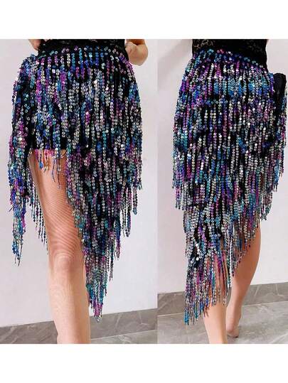 우아한 벨리 댄스 의상 액세서리: 스팽글로 장식된 긴 프린지 삼각형 허리 벨트; 세련된 랩어라운드 스커트; 댄스 공연에 적합한 눈길을 끄는 허리 체인.