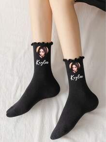1Pair Ear Socks For Women Milk White Jk Black Japanese College Style Ins Jk Pile Socks Personalized Text Customization