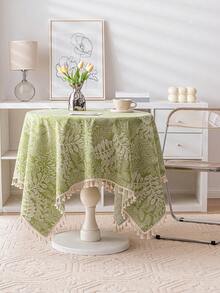 1pc Nordic Style Printed Tassel Square Tablecloth, Polyester Fabric Suitable For Restaurant, Party Decor - Green - View 4
