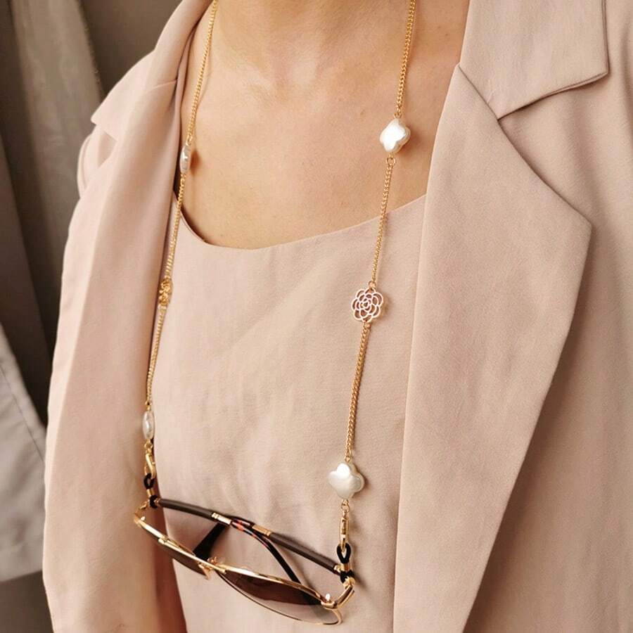 1 件时尚金色金属山茶花女士眼镜链，防滑眼镜和老花眼镜挂绳 - 彩色 - 查看 1