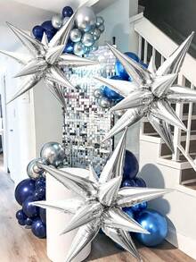 8pcs/Set Silver 4D Exploding Star Aluminum Foil Balloons, Pointed Star Explosion Balloons, Cone Balloons, Teardrop Connected Balloons, Magic Star Burst Balloons, For Bachelor Party, Birthday, Wedding Decoration, Anniversary, Party Decoration, Celebration, Gift Giving, Theme Event Decor, Frozen Theme Decor, Disco Party - Silver - View 6