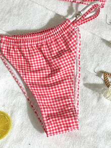 Summer Fashionable Red Plaid Print Contrast Color Adjustable Straps Bikini Top, Double Track Bikini Bottom, Women Elegant Casual Swimsuit Set, Suitable For Beach Holiday