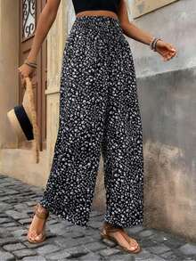 Quần ống rộng cạp rút họa tiết hoa mùa xuân/hè dành cho nữ Plus - màu đen - Xem 4
