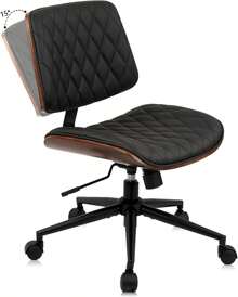 CLATINA Armless Home Office Chair, Desk Chair With Wheels, Adjustable Height Reading Chair, Leather Mid Back & Swivel Computer Chair, Modern Walnut Chair With Back For Studio Meeting Room(Black)
