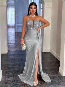 CHOSMO Vestido maxi elegante de noche, fiesta, boda o evento formal para mujeres con tiras de espagueti, espalda con cremallera, cintura alta, abertura lateral con cinta y detalles de lentejuelas.