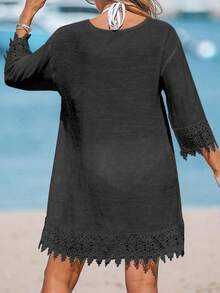 Áo khoác ngoài đi biển màu trơn phối ren dành cho nữ, màu đen, thích hợp cho mùa xuân. - màu đen - Xem 4