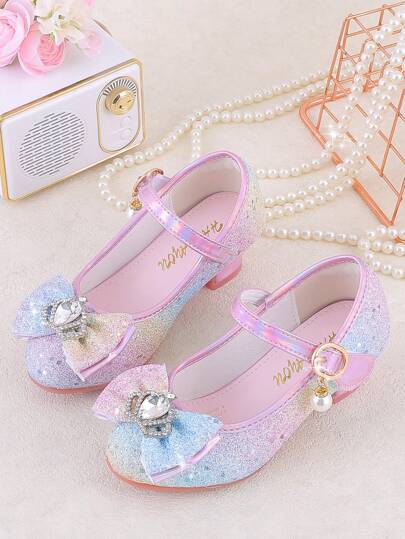 Shiny Rainbow Princess Girl High Heels, Glitter Pink & Purple Formal Shoes With Pearl & Rhinestone Decor, Non-Slip Rubber Sole, Hook And Loop Closure, Suitable For Performance, Party And Special Occasions