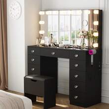VOWNER 46" Large Vanity Table With Lighted Mirror & Power Outlet, Makeup Vanity Desk With Glass Top, 14-Bulbs Large Mirror, 3-Color Modes & Brightness Adjustable, 11 Drawers For Storage, Come With Soft Stool & Hair Dryer Rack, Vanity Set Gifts For Girls Women, Halloween & Thanksgiving - 黑色-全面鏡 - 查看 2