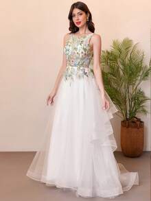 3D花卉新娘婚纱露背彩色拍摄礼服长裙2025年毕业礼服 - 米色 - 查看 6