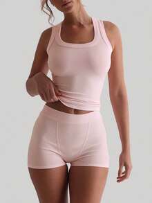 Women's Two Pieces Running Exercise Sports Leisure Home I-Vest And Tight Shorts Set - Cherry Blossom Pink - View 6