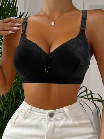 Women's Black Wireless Lift And Gather Seamless Floral Pattern Lingerie Bra, Comfortable With Minimal Side Bulge