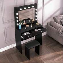Dressing Table Set With LED Lights Mirror, Vanity Makeup Table 2 Large Drawers And Stool (Black)