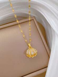 1pc Stainless Steel Micro-Inlaid Cubic Zirconia, Hollow Shell & Cultured Pearl Necklace - Yellow Gold - View 4