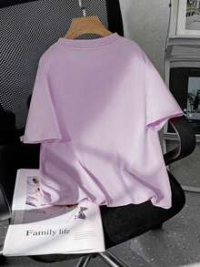 Girls' Leopard Print Bow Graphic Round Neck Short Sleeve T-Shirt, Casual Style For Spring/Summer - Purple - View 3