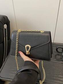 Crocodile Texture Mini Square Shoulder Bag, Minimalist Trapezoid Crossbody Bag With Chain Strap, Versatile - Black - View 2