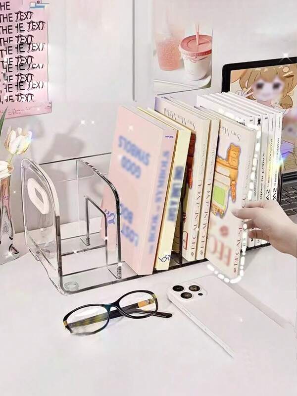 1pc Acryl Transparante Multi-Compartiment Desktop Organizer Boekenstandaard, Bureau Opbergdoos Penhouder, Kantoorbenodigdheden & Documentenrek, Unisex Boekenplank Voor Kantoor, Studeerkamer, Slaapzaal