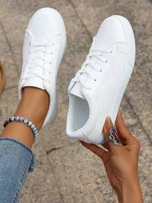 Women Plus Size White Sneakers, Fashionable Lace-Up Flat Casual Sports Shoes, School Shoes, Versatile - White - View 1