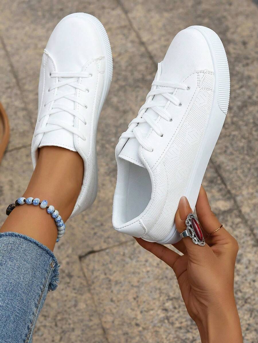 Women Plus Size White Sneakers, Fashionable Lace-Up Flat Casual Sports Shoes, School Shoes, Versatile - White - View 1