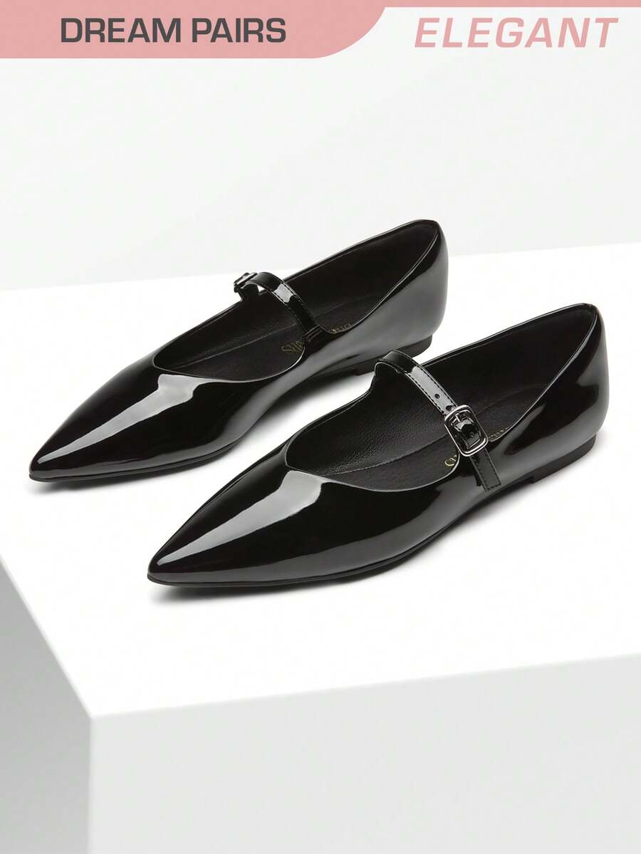 Women Fashion Flats Pointed Toe Ballet Flats Elegant Mary Jane With Buckle Strap Spring Summer Shoes - Black - View 1