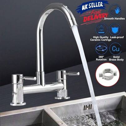 Modern Dual Lever Chrome Kitchen Sink Mixer Taps 2 Hole Deck Mounted Tap Faucet