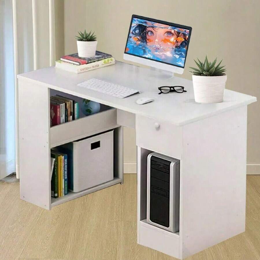 Computer Desk H Shaped PC Laptop Gaming Table W/ Book Shelves Bookcase UK - White - View 1