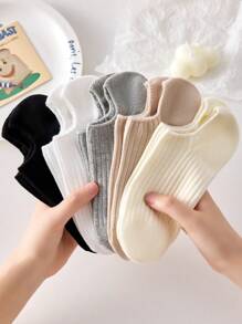 5 Pairs Women's Solid Color Rib Ankle Liner Short Invisible Socks, Thin Breathable Non-Slip Hidden Boat Socks For All Seasons