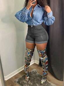 Summer All-Match Versatile Solid Color Cuffed Skinny Mini Denim Shorts - Dark Grey - View 4