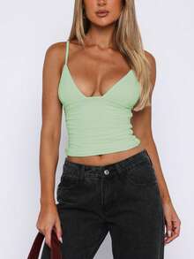 女士纯色V领性感修身街头风春夏度假派对夜店短款吊带背心 - 薄荷綠 - 查看 3