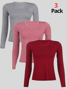 Kit 3 Women's Basic Long Sleeve V-Neck Blouses - Gray / Rose / Red - View 1