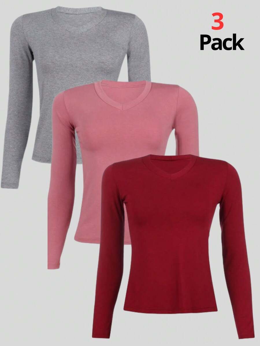 Kit 3 Women's Basic Long Sleeve V-Neck Blouses - Gray / Rose / Red - View 1