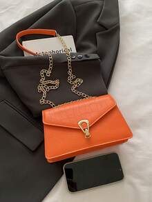 Alligator Texture Mini Square Bag, Fashion Versatile Shoulder Crossbody Bag, Minimalist Trapezoid Layer Chain Square Purse - Orange - View 3