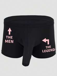 Men's Black Boxer Briefs With Arrow & Letter Print, Elastic Comfortable Underwear
