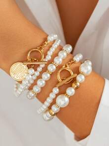 5pcs/Set Fashionable Bracelet Set, Versatile & Elegant For Daily Wear - Pearl Bracelet Set - View 6
