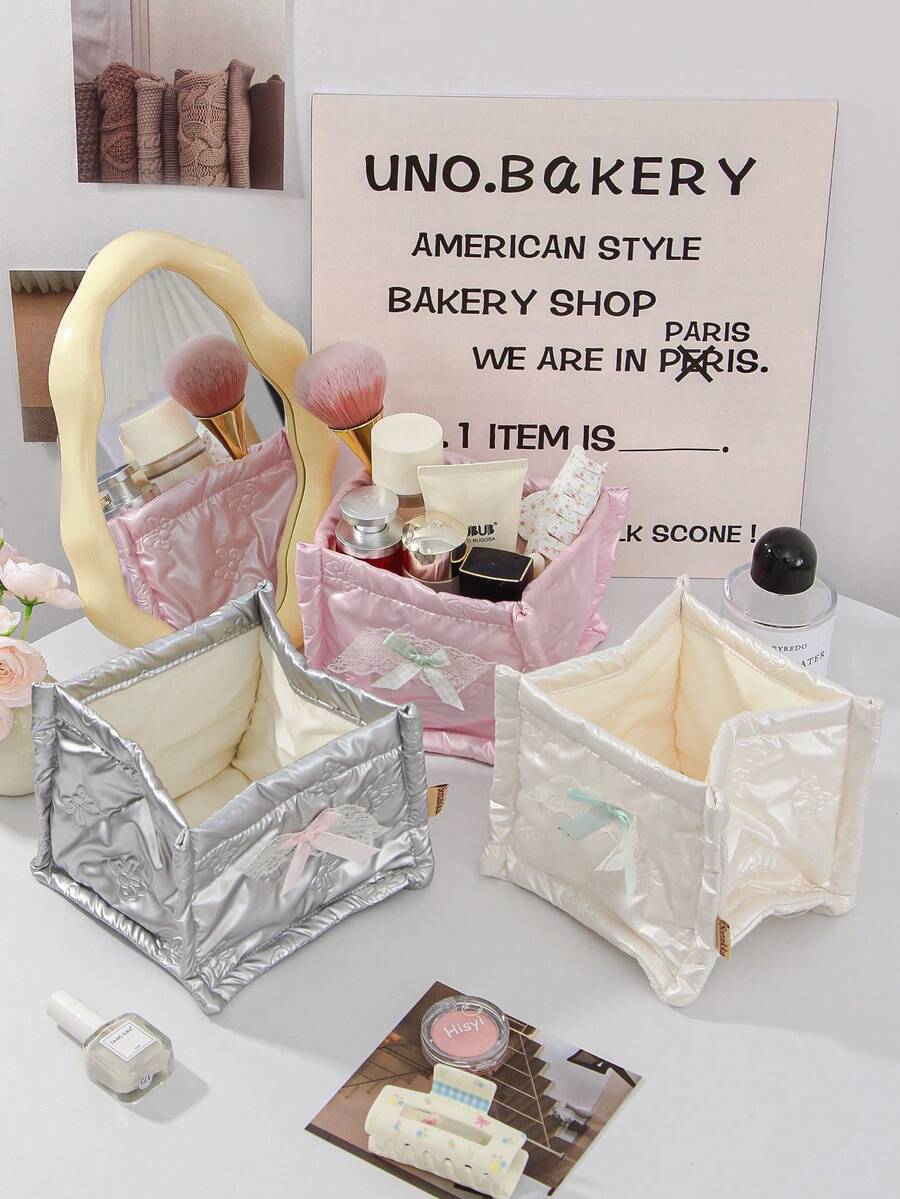 1 Piece Pink Bow Design Storage Basket,Desktop Clutter Storage Basket, Tabletop Miscellaneous Storage Basket, Lipstick Makeup Brush & Skincare Product Storage Basket, Waterproof Cosmetic Storage Basket,For Brushes And Skin Care Products Storage And Organization,Desktop Decor, Makeup Organizer Rack,Plastic Basket,Toy Basket,House Decor,Table Decor,Home Decor Items,Room Decor,Bedroom Decor,Gifts - Multicolor - View 1