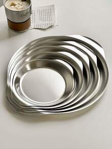 1 件美式不锈钢炸鸡小吃盘、扁平蛋糕/糕点盘、烧烤托盘、下午茶咖啡圆形托盘 - 銀色 - 查看 4