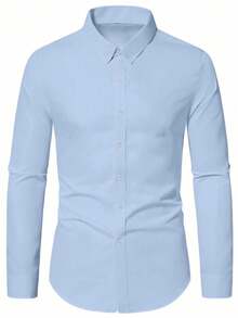 男士经典纯色长袖单排扣休闲办公室衬衫，秋季休闲和商务必备 - 淺藍色 - 查看 3