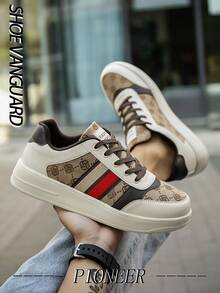 男士时尚撞色字母图案系带前平底设计休闲运动鞋，百搭户外舒适低帮运动/训练鞋 - 米棕 - 查看 3