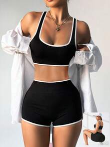 VVX Womens Workout Sets - Seamless Ribbed Yoga Outfits Sports Bra High Waist Shorts Gym Athletic - 黑色 - 查看 6