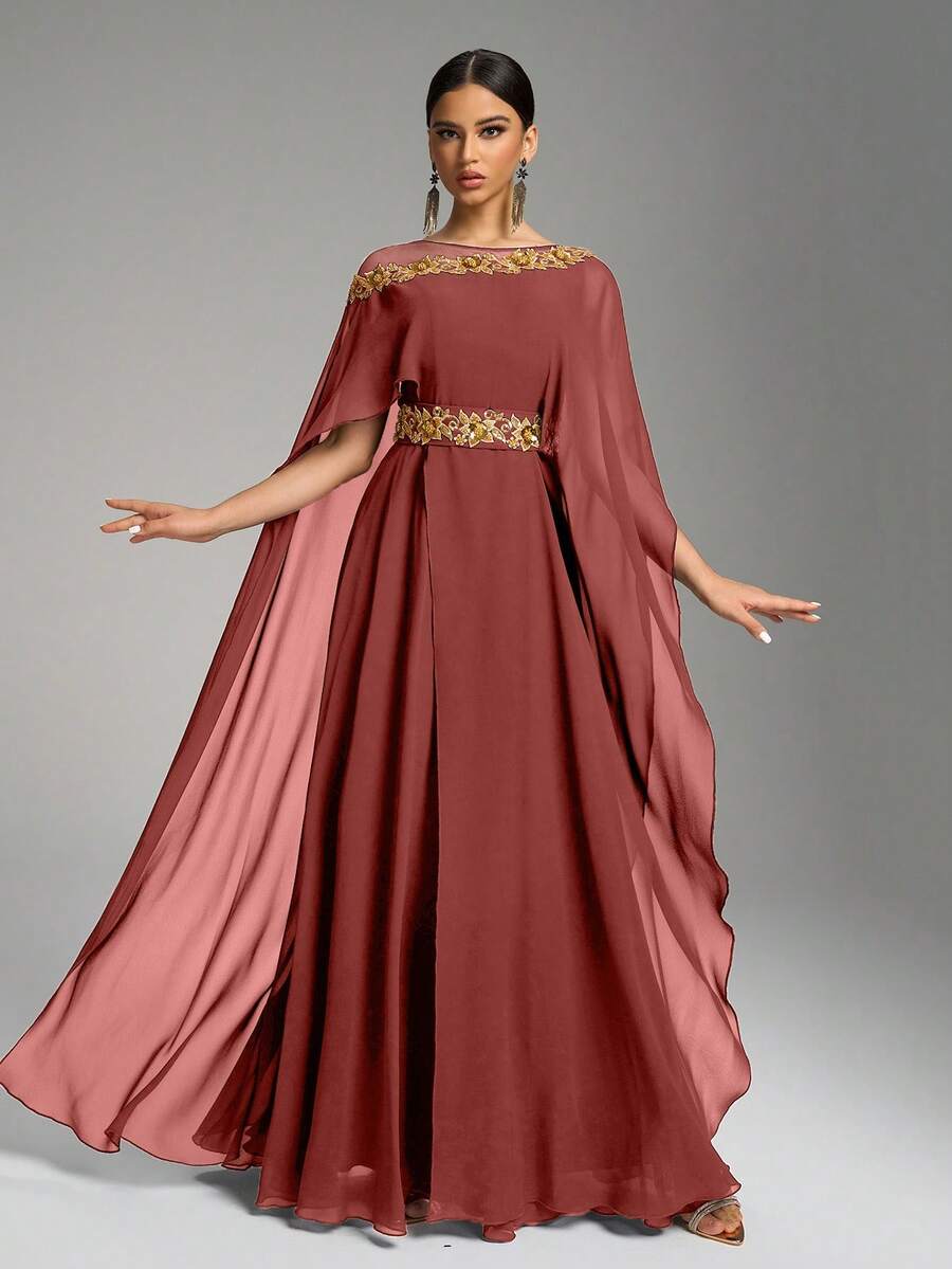 优雅圆领泡泡袖亮片刺绣束腰礼服，奢华别致的晚礼服，端庄