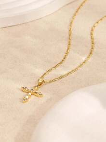 1pc Cross Necklace For Women,14K Gold Plated Cross Pendant Necklace Dainty Gold Cross Necklaces For Women Small Cross Charm Necklace Simple Cute Choker Necklaces Gold Jewery - 金色 - 查看 7