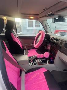 1 set accessoires d'intérieur de voiture pour femmes : housses de siège avant motif papillon mignon, couvre volant/frein à main/pommeau de vitesse en peluche, décoration suspendue de rétroviseur en peluche et strass, 1 paire de porte-gobelets en silicone, accessoires d'intérieur de voiture roses