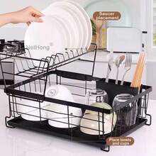 NetHong Dish Drainer 2 Tier Kitchen Sink Metal Wire Cutlery Draining Holder Plate Rack - Black H - View 4