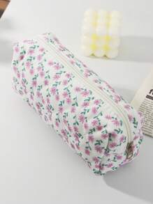 1 PC Pink And Purple Small Floral Quilted Bag Make Up Bag,Fashionable And Casual Large Capacity Portable Zipper Makeup Bags,Travel And Vacation Essentials Cosmetic Bags For Sanitary Napkins,Pouch Pads,Wired Earphones,Headphones,Charger,Lipsticks,Cosmetics,Perfume,Skin Care And Beauty Products,Home Decor,For Mom,Women,Nurses,Students,School Girls,Keys,Holiday Gifts