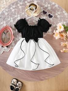 Baby Girl Casual Puff Sleeve Asymmetrical Ruffled Bow Party Dress, Spring/Summer - White - View 1
