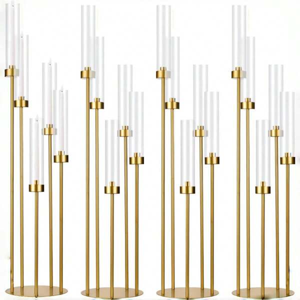 5pcs Standing Candlestick Holders, Gold-Colored Metal Candle Holders, Ideal For Centerpiece Decoration For Christmas, Wedding, Home Decor, Halloween Party And More
