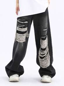 Jupkem Retro High Street Hip-Hop Jeans With Holes For Casual Wear, Made Of Old Adhesive Fabric With Holes For A Niche And Versatile Design, Simple And Versatile For Going Out, Unisex, Ins Loose Casual Straight Leg Mop Pants, Black Pants